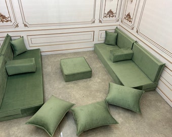 8 inch Single Thick Water Green Color Soft Textured Mutual Chat Majlis Floor Seating Cushion Sofa Set, Soft Touch Floor Sofa, Mutual Chat