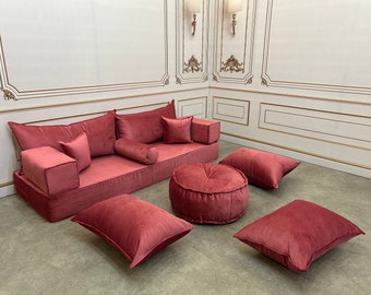 Handmade Stylish Modern Living Room Unique Rose Color, Boho Floor Sofa, Arabic Sofa Set, Custom Made Sofa,Velvet Floor Sofa