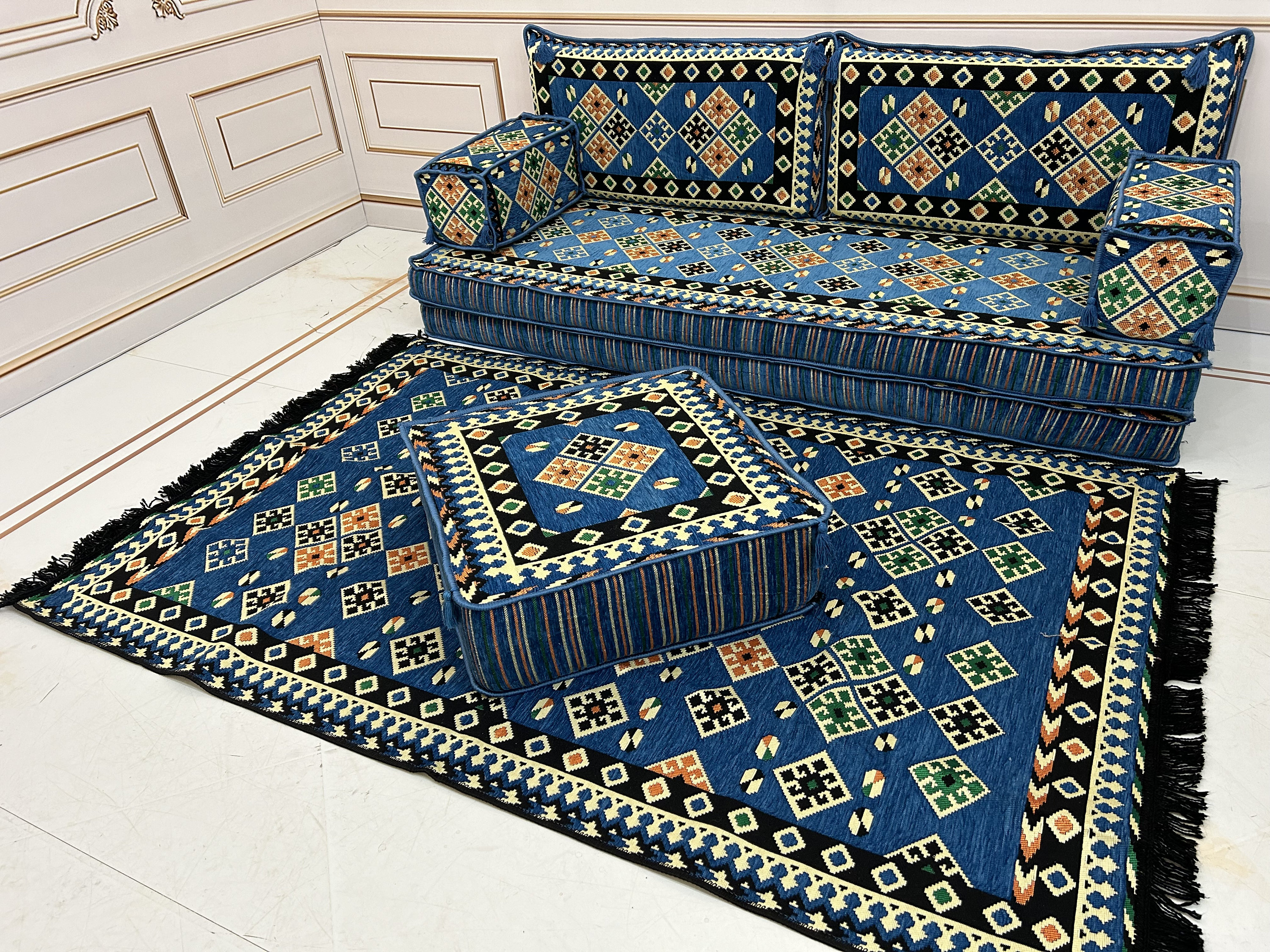 Majilis Rug Navy Arabic Majlis Sofa Set: Floor Seating, Ottoman & Rug - Etsy