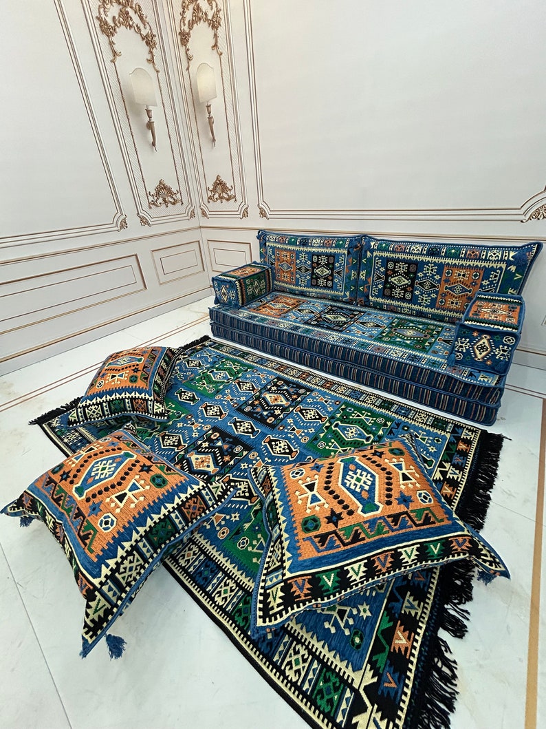Majilis Rug Bodrum Milas Blue Arabic Majlis Sofa Set: Ottoman Couch & Rug - Etsy
