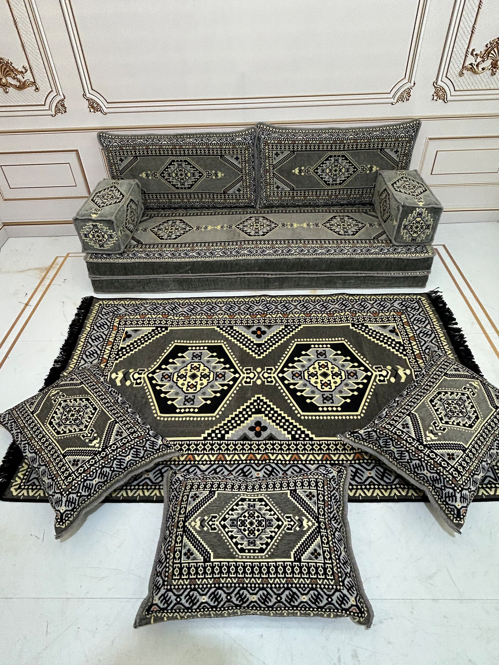 Majlis Rug Grey Arabic Majlis Sofa Set: Floor Seating, Ottoman & Rug - Etsy