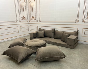 Mocha Velvet Arabic Floor Sofa Set: 4'' Thick Seating Cushions