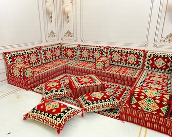 Red U-Shaped Arabic Majlis Sofa Set: Floor Seating, Ottoman & Rug
