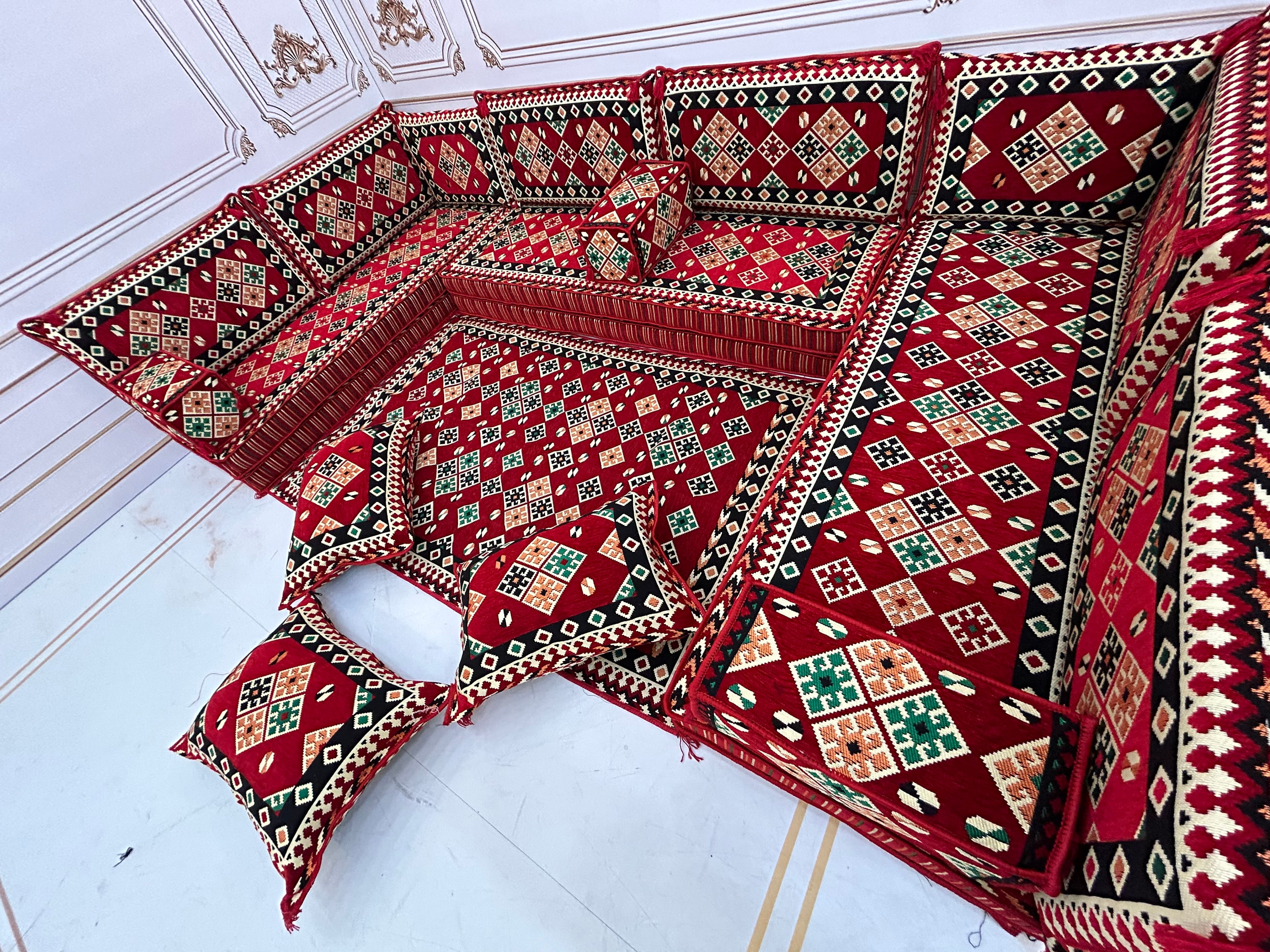 Majilis Rug Red U-shaped Arabic Majlis Sofa Set: Floor Seating, Ottoman & Rug - Etsy