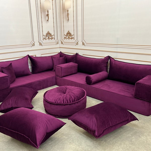 Unique Magic Velvet Purple Color 8'' Thick L Shaped Luxury Velvet Floor Seating Cushion Couch,Velvet Floor Cushion,Velvet Floor Sofa,Velvet