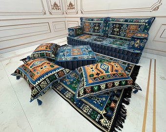 8"Thick Bodrum Milas Blue Arabic Sofa Set,Arabic Majlis,Sectional Sofa,Living Room Home Decor,Arabic Majlis Sofa,Anatolian,Ottoman Couch Rug