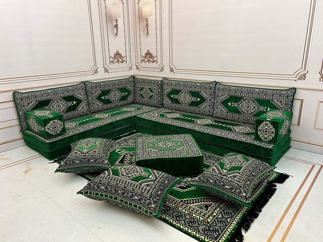 8'' Thick L Shaped Anatolian Emerald Arabic Sofa Floor Seating Set,l
