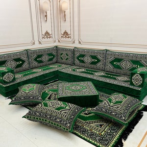 8&#39;&#39; Thick L Shaped Emerald Green Arabic Sofa Floor Seating Set,L Shaped Sofa, Living Room Sofa Set,Arabic Majlis,Corner Sofa, Floor Cushion