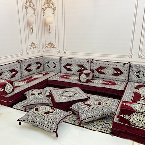 8&quot; Maroon Color U Shaped Arabic Sofa Set,Arabic Majlis,Floor Cushions,Terrace Furniture,Sectional Sofa,Patio Furniture,Bench Cushions