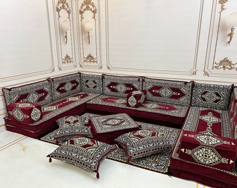 8" Maroon Color U Shaped Arabic Sofa Set,Arabic Majlis,Floor Cushions,Terrace Furniture,Sectional Sofa,Patio Furniture,Bench Cushions