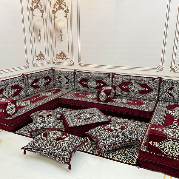 8" Maroon Color U Shaped Arabic Sofa Set,Arabic Majlis,Floor Cushions,Terrace Furniture,Sectional Sofa,Patio Furniture,Bench Cushions