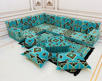 4" Thick L Shaped Turquoise Palm Design Arabic Sofa Set,Arabic Majlis,Sectional Sofa,Living Room Home Decor,Arabic Majlis Sofa,Anatolian
