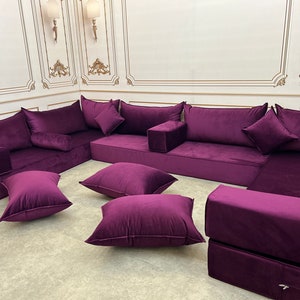 Unique Magic Purple Handmade Stylish Modern Living Room, Boho Floor Sofa, U Shaped Arabic Sofa Set, Custom Made Sofa,Velvet Floor Sofa 8" Set + Pillow