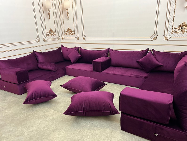 Unique Magic Purple Handmade Stylish Modern Living Room, Boho Floor Sofa, U Shaped Arabic Sofa Set, Custom Made Sofa,Velvet Floor Sofa 8" Set + Pillow