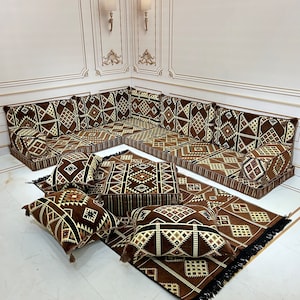 Brown L-Shaped Arabic Majlis Floor Seating Set