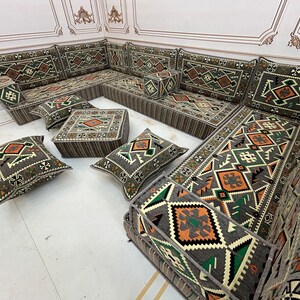 Canapé en forme de U, gris anatolien, canapé arabe de 20 cm 8 po., décoration de salon traditionnelle, canapé coussin de sol, canapé de sol arabe U Sofa Ottoman+Pillw
