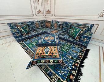 4" Thick L Shaped Bodrum Milas Blue,Arabic Majlis,Sectional Sofa,Living Room Home Decor,Arabic Majlis Sofa,Anatolian,Turkish Floor Seating