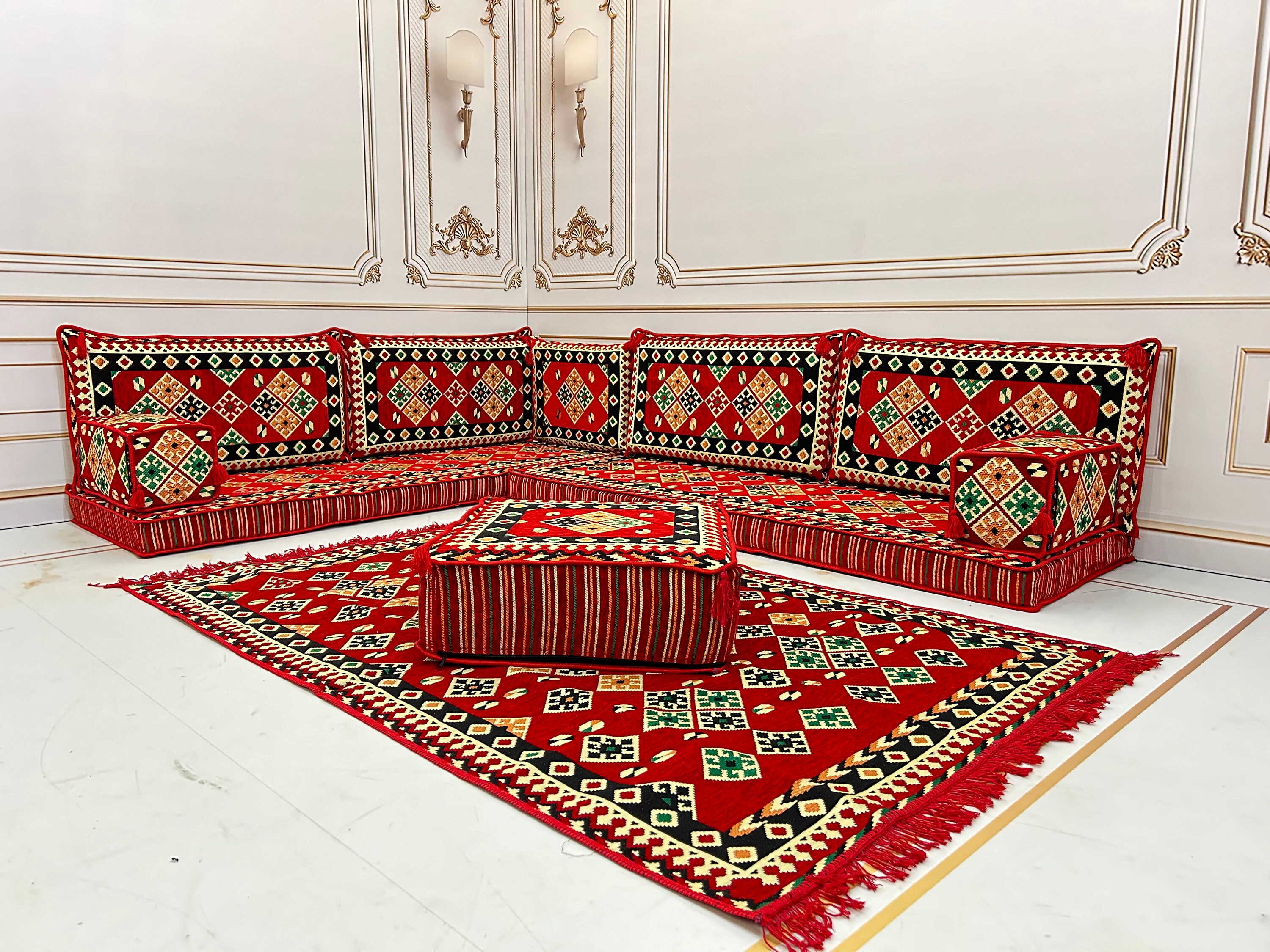 Majlis Rug Red Arabic Majlis Sofa Set: L-shape Floor Seating, Rug & Pillows - Etsy