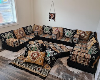 Arabic Sofa 8 inch Single Thick Plus Set Black Color U Shaped,Arabic Majlis,Arabis Sofa Floor Seating Set,Arabic Sofa Set,Arabic Sofa,Black