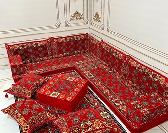 Authentic Red Anatolian Motifs L Shaped Arabic Sofa Floor Seating Couch,Traditional Living Room Decor,Floor Cushion Couch,Sofa Couch-4"Thick