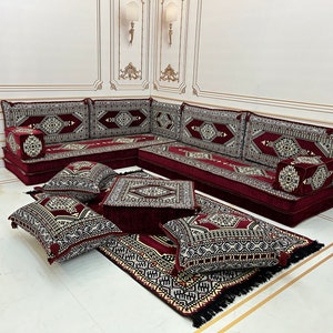 8&#39;&#39; Thickness L Shaped Anatolian Maroon Arabic Sofa Floor Seating Set, Boho Floor Couches, Living Room Sofa Set, Arabic Majlis, Corner Sofa