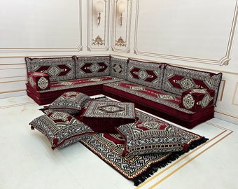 Juego de asientos de piso de sofá árabe granate de Anatolia en forma de L de 8'' de espesor, sofás de piso Boho, juego de sofás de sala de estar, Majlis árabe, sofá de esquina