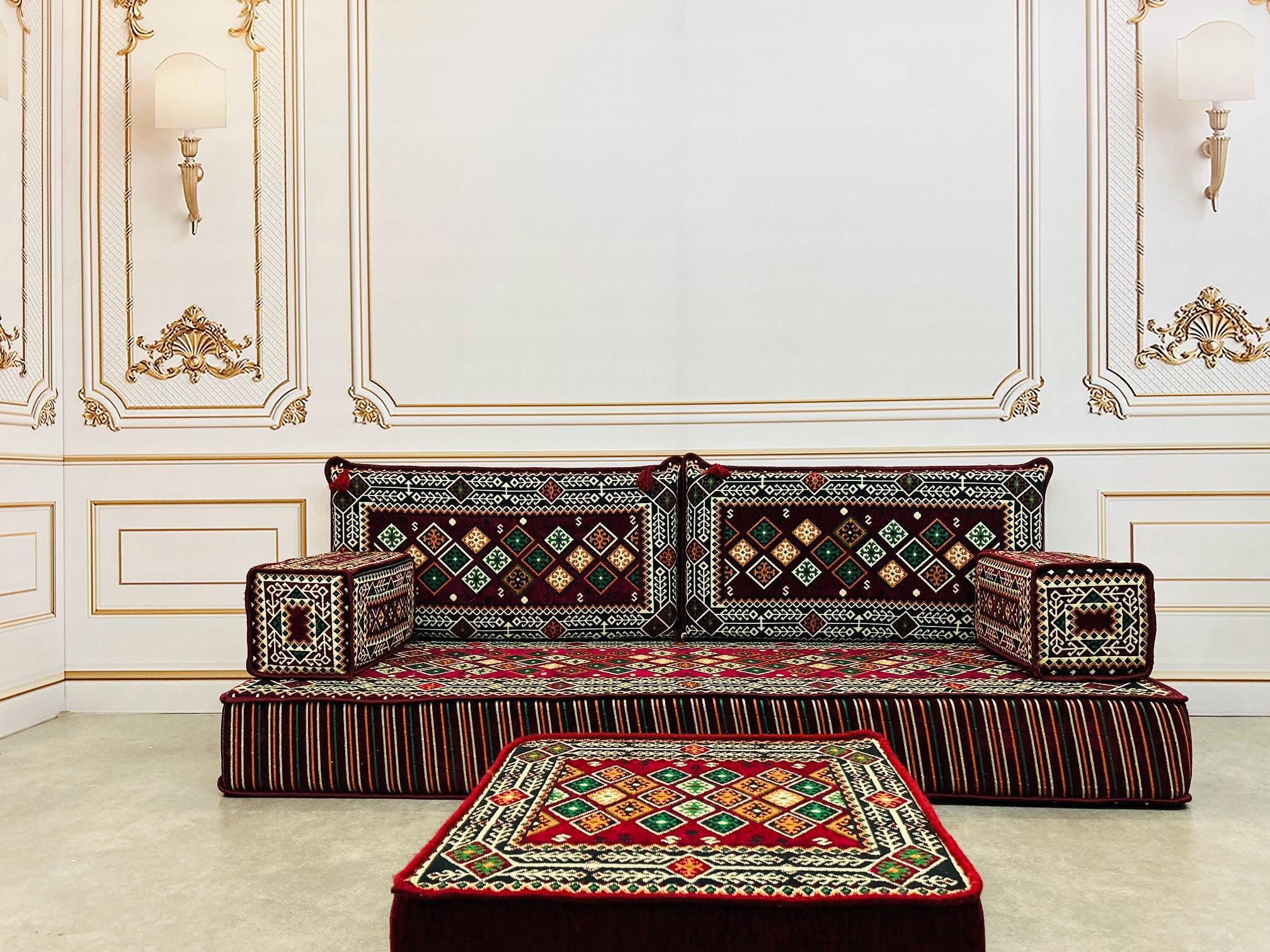 Majilis Rug Burgundy Arabic Majlis Sofa Set: Floor Seating, Ottoman & Rug - Etsy