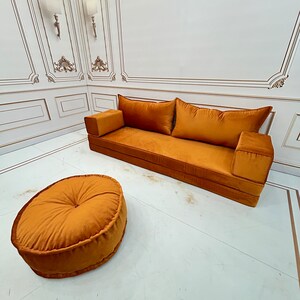 8'' Thick Unique Mustard Color Luxury Velvet Floor Seating Cushion Couch,Velvet Floor Cushion,Velvet Floor Sofa,Velvet Floor Couch 8'' Sofa + Round