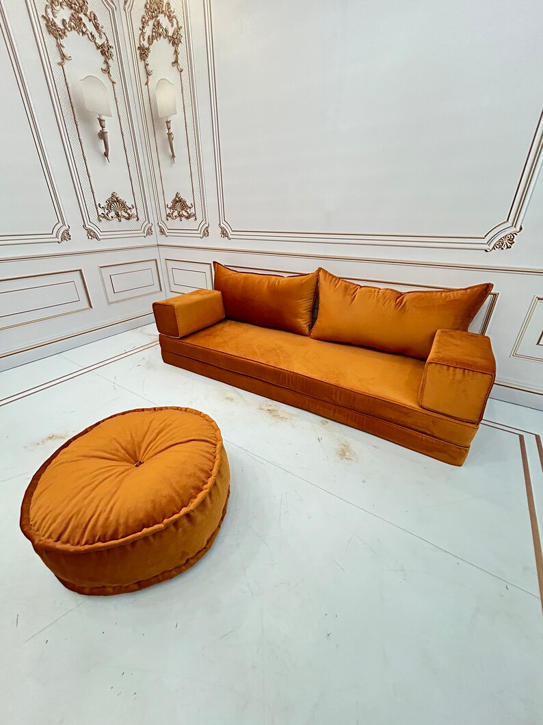 8'' Thick Unique Mustard Color Luxury Velvet Floor Seating Cushion Couch,Velvet Floor Cushion,Velvet Floor Sofa,Velvet Floor Couch 8'' Sofa + Round