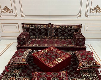 Coussin de sol ethnique de 4 po. d'épaisseur, canapé arabe, canapé sectionnel, canapé ottoman, tapis kilim, ensemble de canapé de sol turc, tapis ottoman