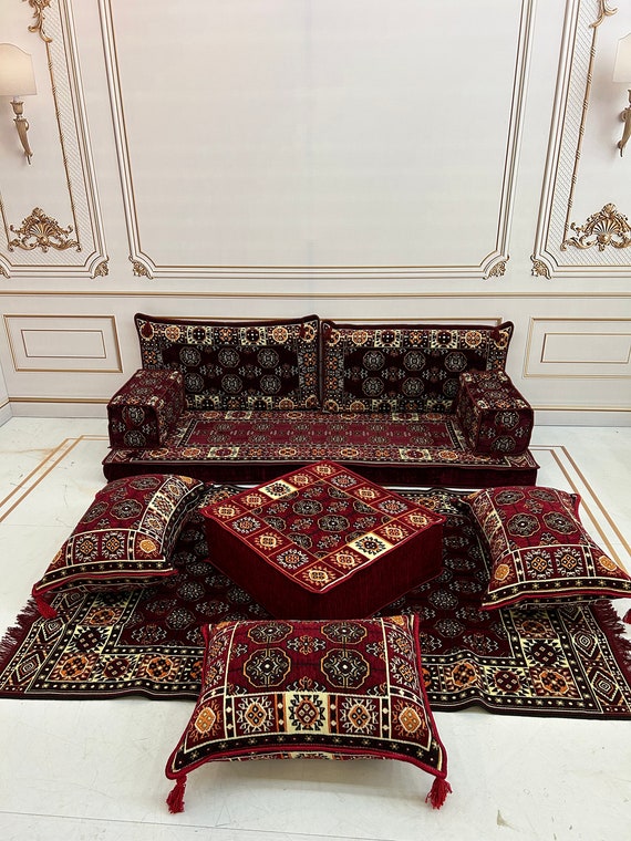 Turkish Floor Sofa Set: Ethnic Kilim Rug, Ottoman Couch, 4" Thick Cushions
