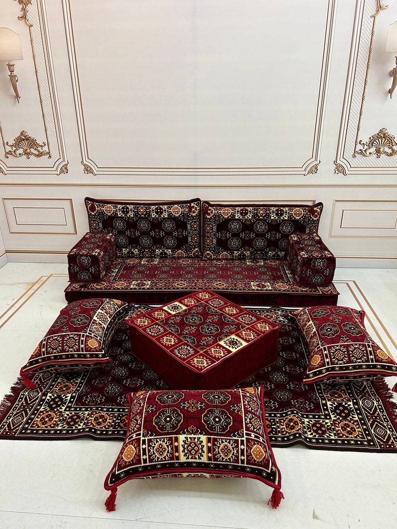 4 Thick Ethnic Floor Cushion Seating Couch,Arabic Sofa,Sectional Sofa,Ottoman Couch, Kilim Rug,Turkish Floor Sofa Set,Sofa Ottoman Rug zdjęcie 1
