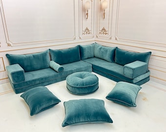 8''Thick L Shaped Royal Shiny Green Color Luxury Velvet Floor Seating Cushion Couch,Velvet Floor Cushion,Velvet Floor Sofa,Velvet Sofa Green