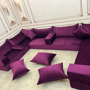 Unique Magic Purple Handmade Stylish Modern Living Room, Boho Floor Sofa, U Shaped Arabic Sofa Set, Custom Made Sofa,Velvet Floor Sofa image 4