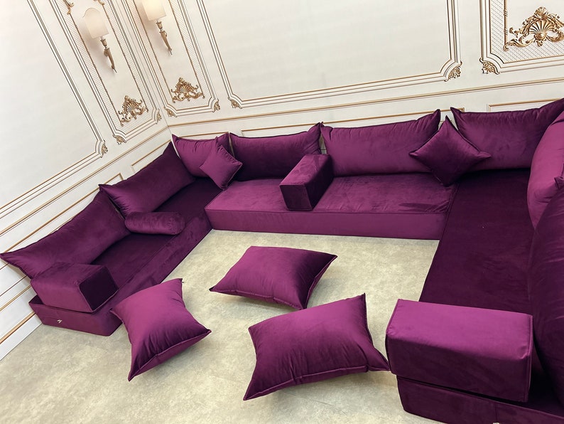 Unique Magic Purple Handmade Stylish Modern Living Room, Boho Floor Sofa, U Shaped Arabic Sofa Set, Custom Made Sofa,Velvet Floor Sofa image 4