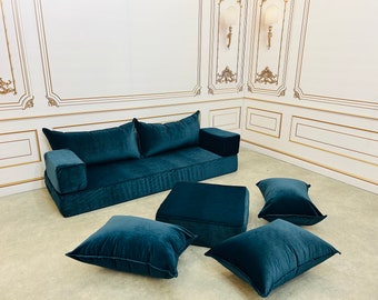 Sapphire Velvet Floor Seating Couch: Modular Sofa Cushion Set