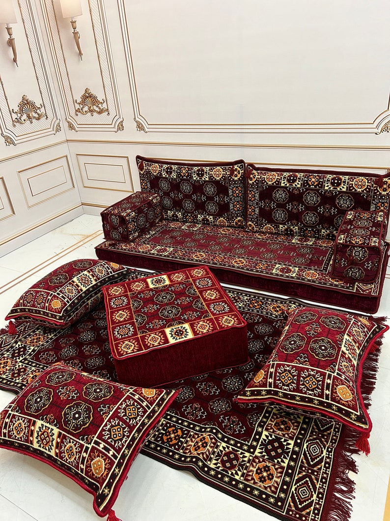 4 Thick Ethnic Floor Cushion Seating Couch,Arabic Sofa,Sectional Sofa,Ottoman Couch, Kilim Rug,Turkish Floor Sofa Set,Sofa Ottoman Rug zdjęcie 2