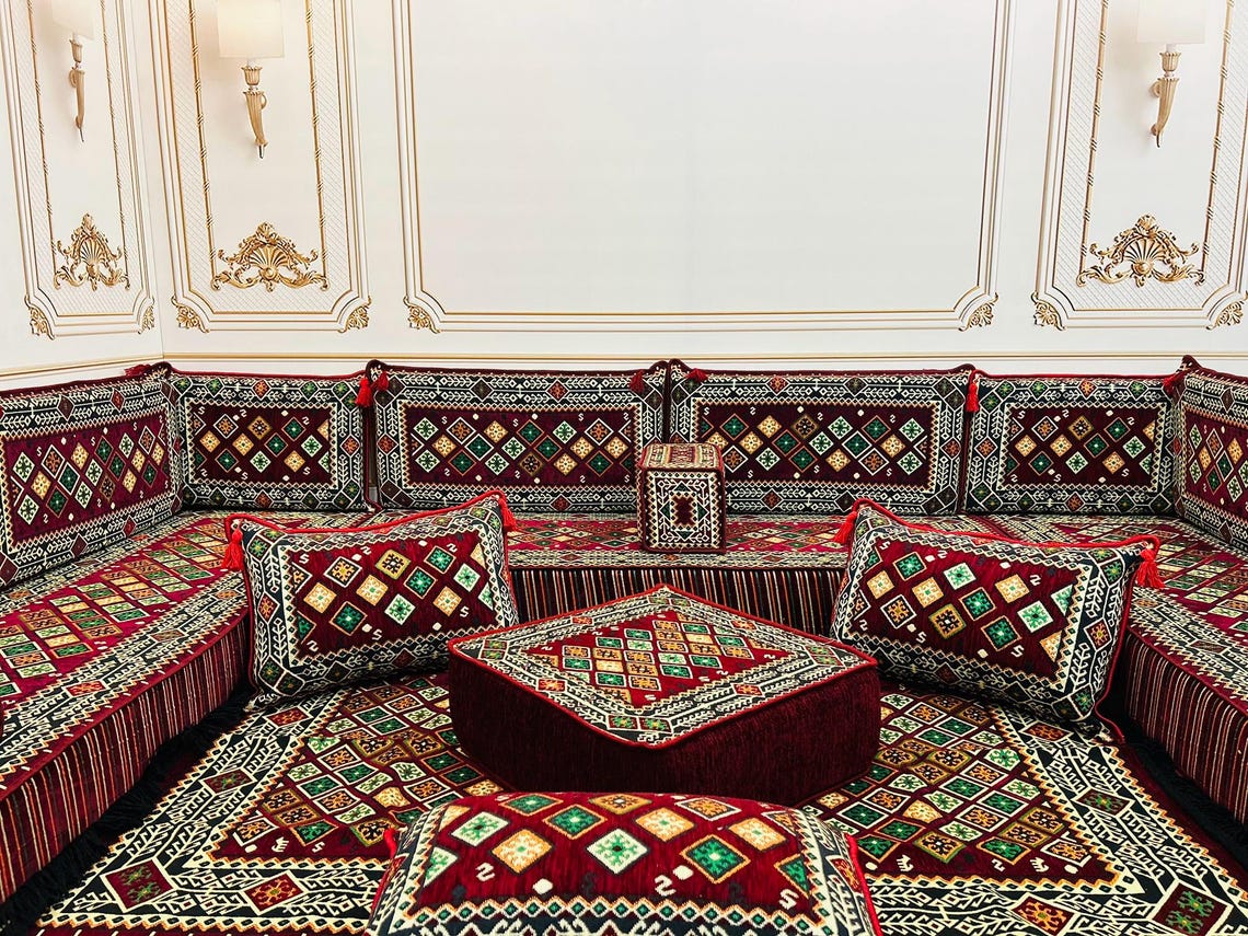 Majlis Rug Burgundy Arabic Majlis: U-shaped Floor Seating Set With Geometric Rug ...