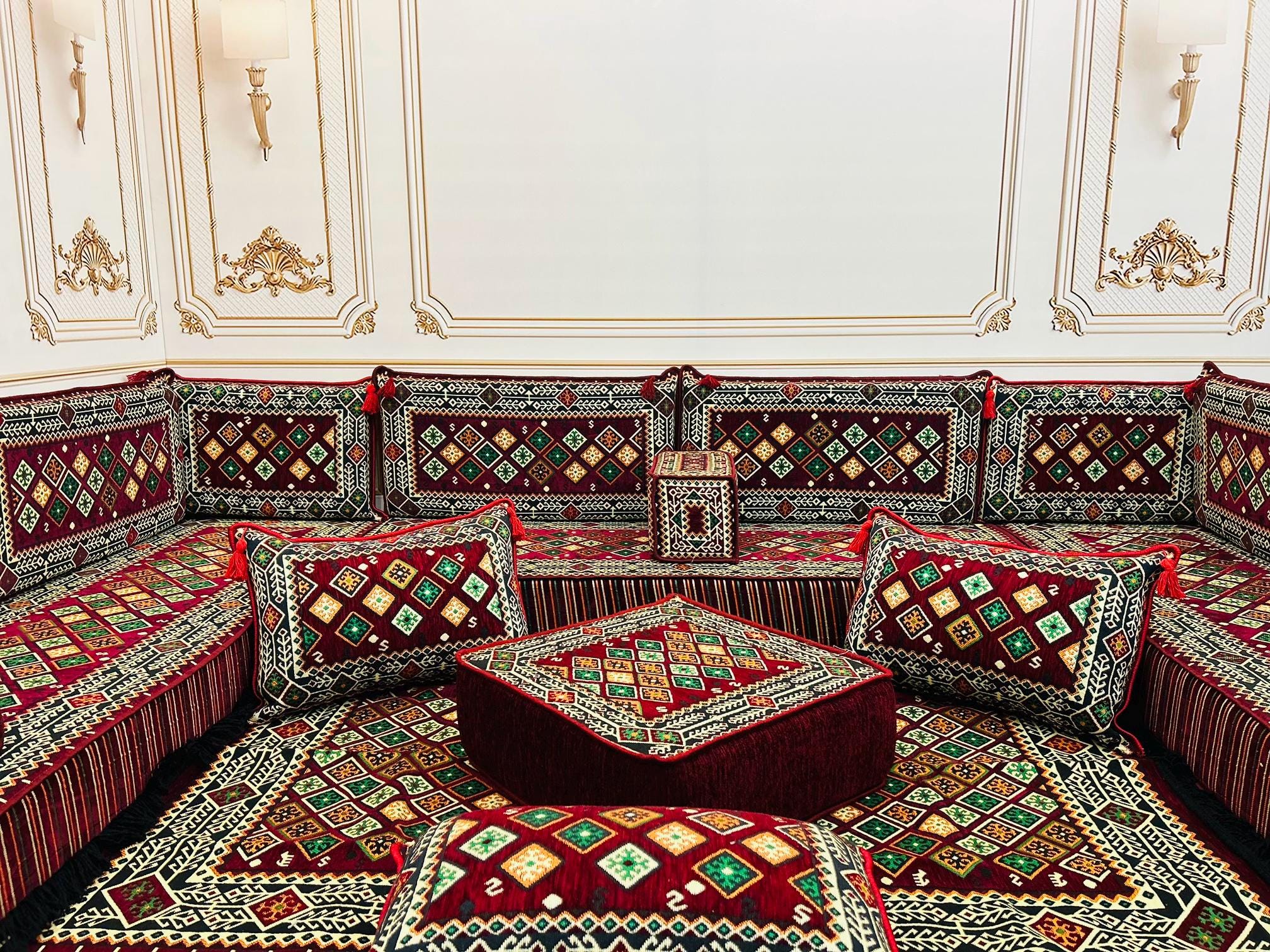 Majilis Rug Burgundy Arabic Majlis: U-shaped Floor Seating Set With Geometric Rug ...