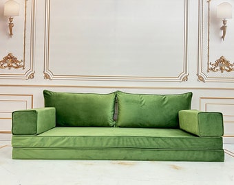 グリーンベルベットフロアソファ：L字型モダンリビングルーム