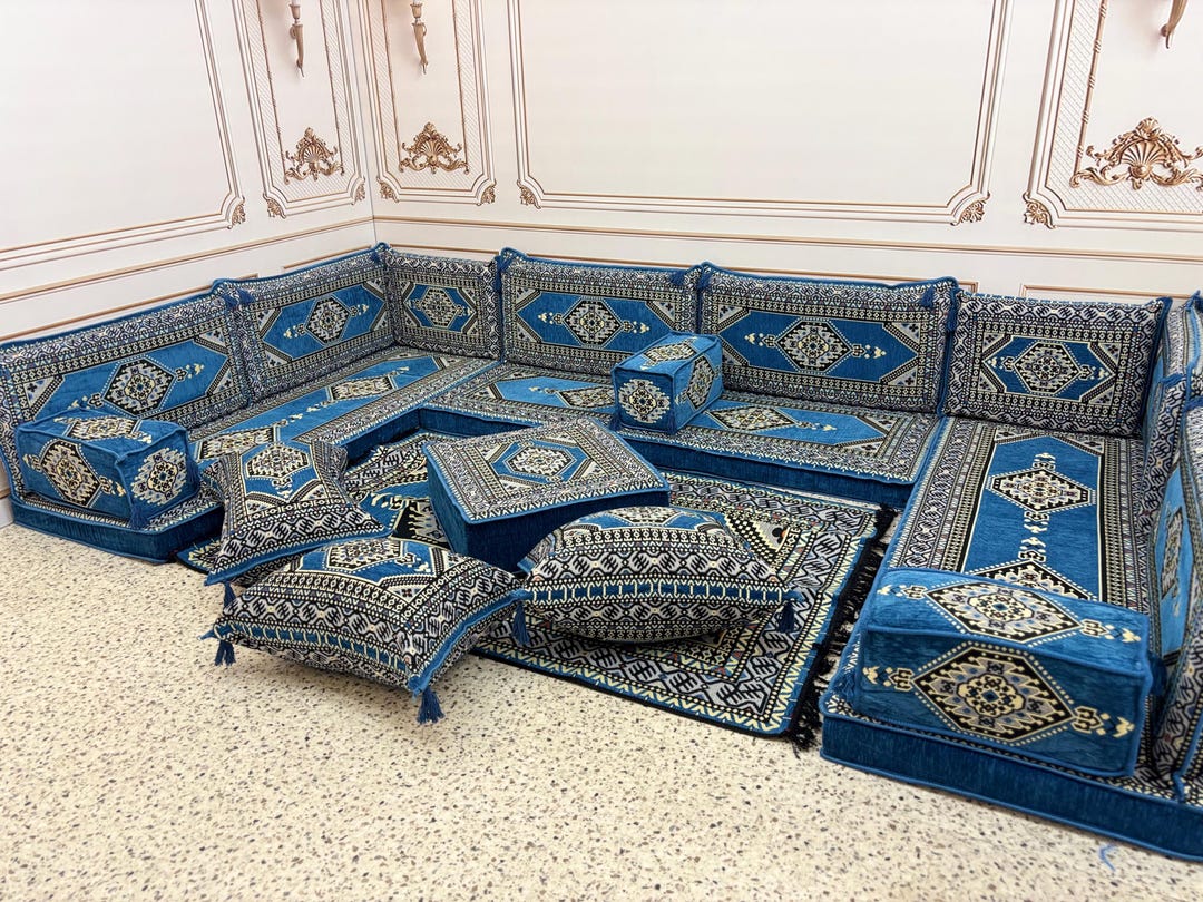 Majilis Rug Blue Ethnic Majlis Sofa Set: Arabic Floor Seating, Ottoman Couch & Rug ...