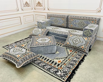 Ethnic Patterned Arabic Majlis Sofa Set: 8" Thick Floor Seating