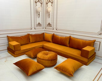 8'' Thick L Shaped Unique Mustard Color Luxury Velvet Floor Seating Cushion Couch,Velvet Floor Cushion,Velvet Floor Sofa,Velvet Sofa Mustard