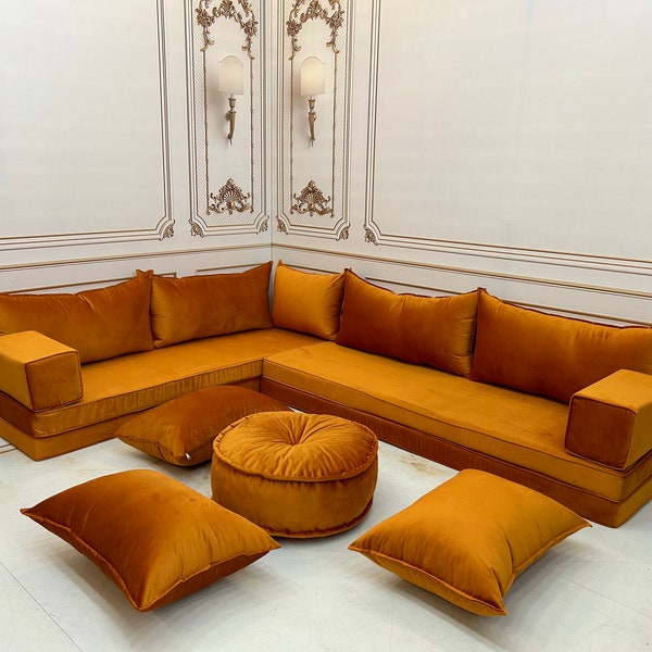 8'' dickes L-förmiges, einzigartiges, senffarbenes, luxuriöses Samt-Bodensitzkissen für Couch, Samt-Bodenkissen, Samt-Bodensofa, Samtsofa-Senf