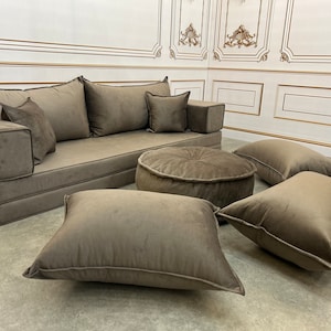 Mocha Velvet Floor Cushion Sofa: Luxury Modular Seating