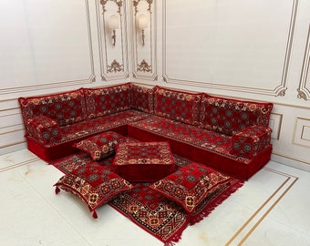 Ethnic Patterns Arabic Sofa 8 inch L Shaped Arabic Sofa Floor Seating Set,Boho Floor Couches,Living Room Sofa Set,Arabic Majlis,Corner Sofa