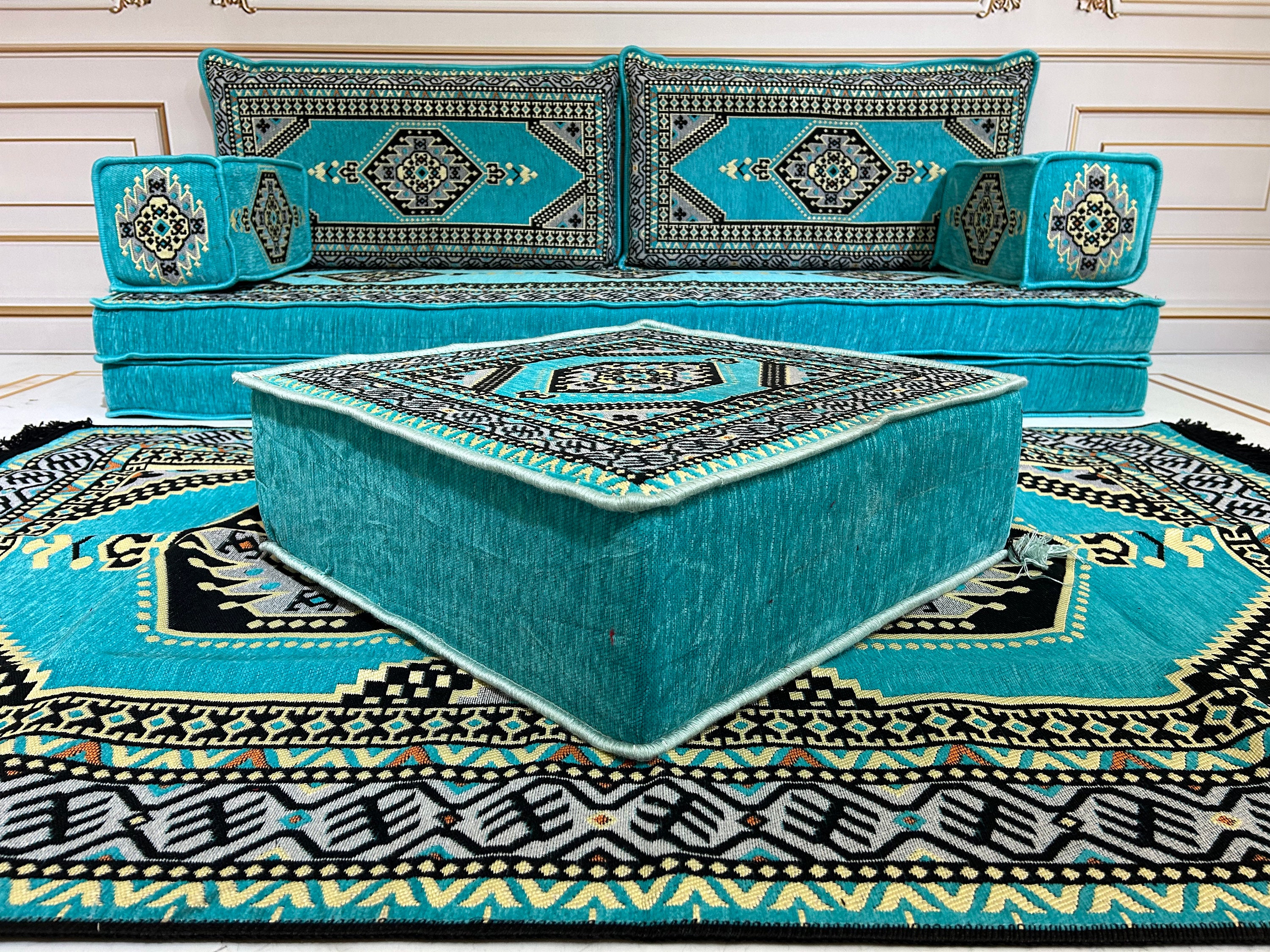 Turquoise Arabic Majlis Sofa Set: Floor Seating, Ottoman & Rug - Etsy