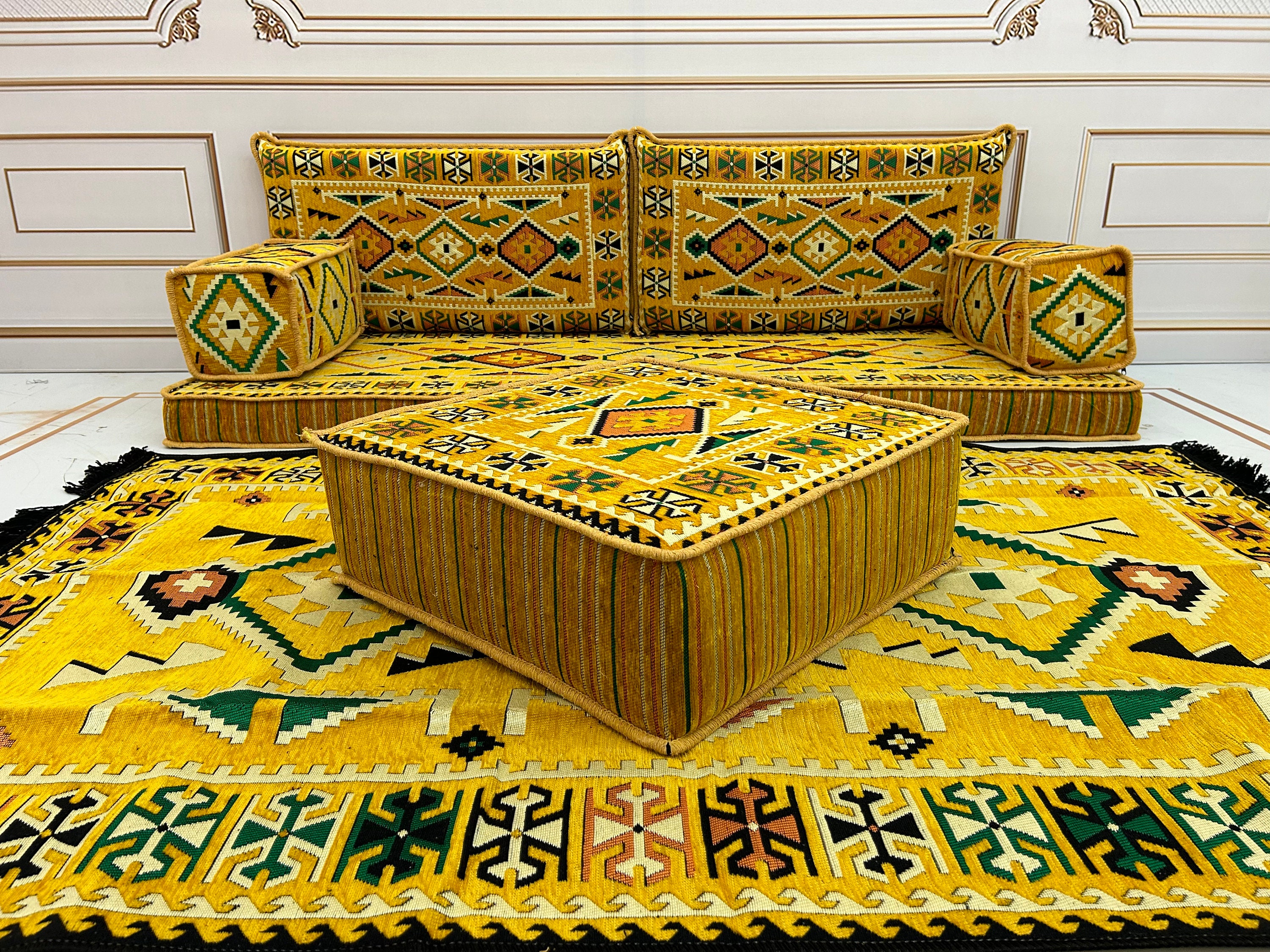 Majlis Rug Yellow Arabic Majlis Sofa Set: Floor Seating, Ottoman & Rug - Etsy