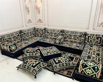 Ensemble de canapé arabe en forme de U bleu marine épais de 8 po, Majlis arabe, coussins de sol, meubles de terrasse, canapé sectionnel, meubles de patio, coussins de banc