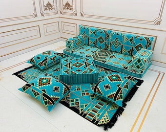 Ensemble de canapé arabe de 4 po. avec palmiers turquoise d'épaisseur, majlis arabe, canapé sectionnel, décoration de salon, canapé majlis arabe, anatolien, canapé ottoman